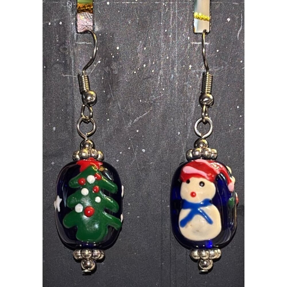 Vintage Art‎ Glass Holiday Blue Mismatched Pierced Earrings 2" by Sacred Feather